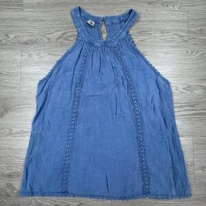 Blanco Women's Tank Top Halter Crochet Lace Boho Blue Large Cotton Gauze
